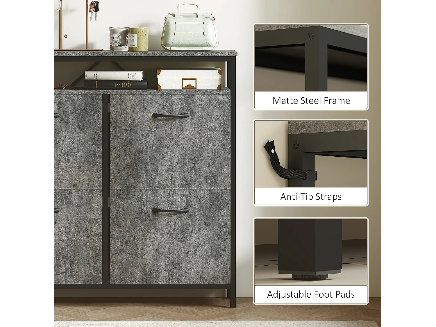 Verala Cement Grey Shoe Cabinet with 4 Flip Drawers and Open Top Shelf