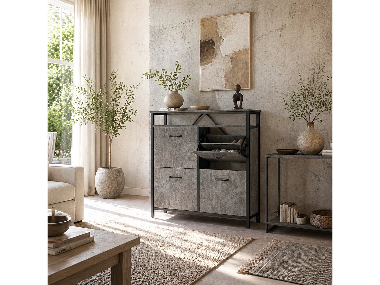 Verala Cement Grey Shoe Cabinet with 4 Flip Drawers and Open Top Shelf
