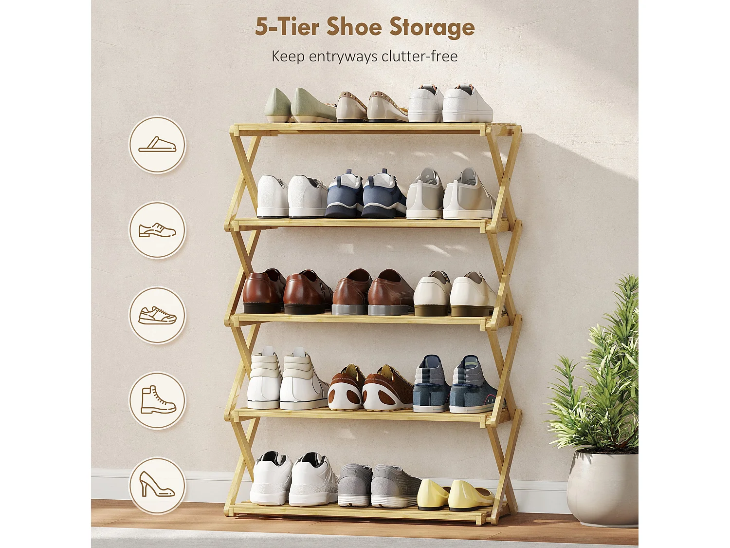 Lafa Mazi Natural Bamboo 5 Tier Folding Shoe Rack
