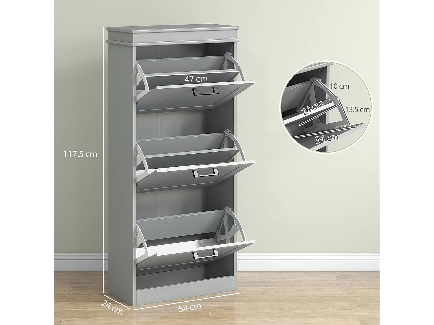 Keliba Kaha Grey Minimal 3 Drawer Shoe Cabinet