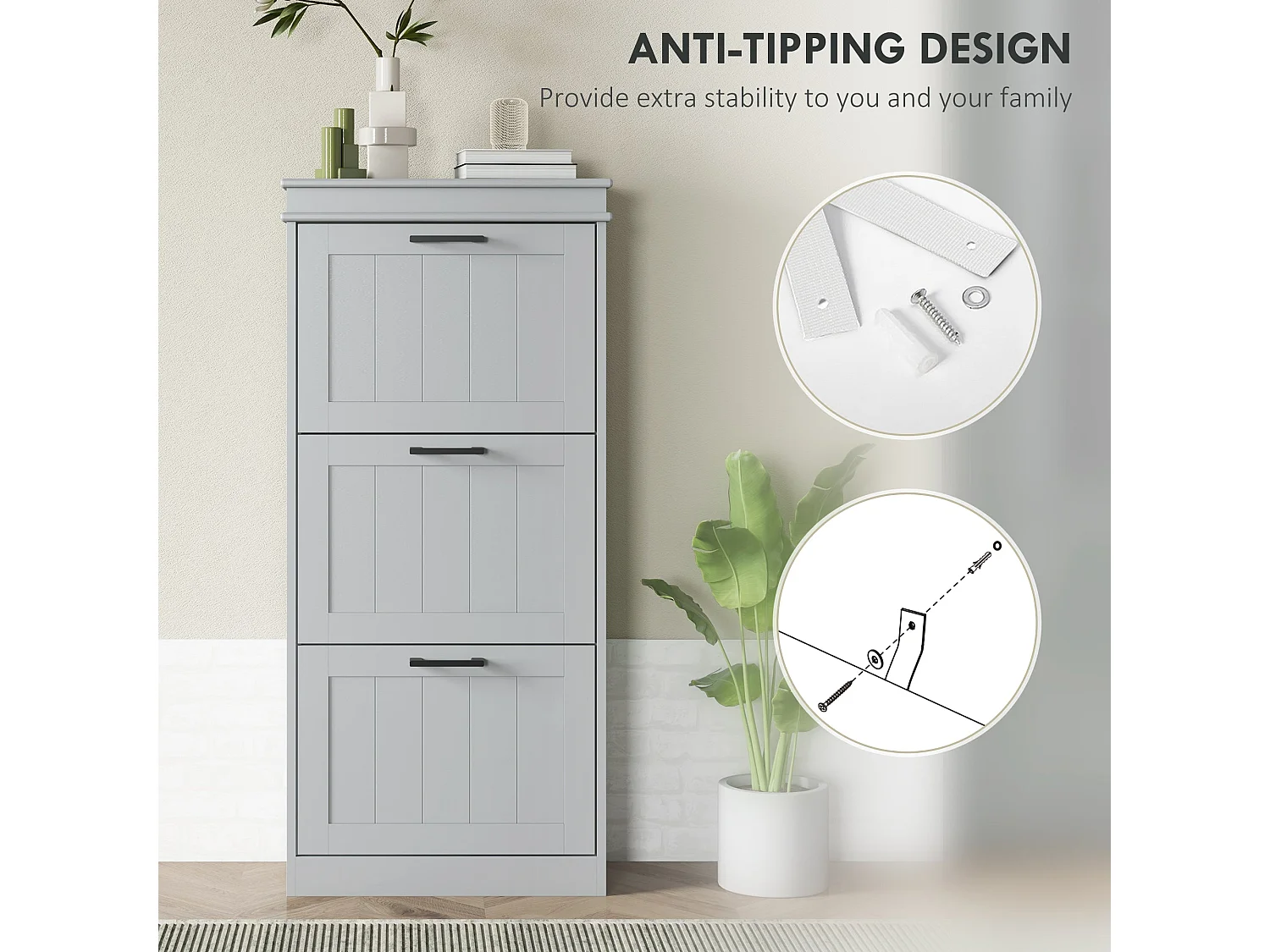 Keliba Kaha Grey Minimal 3 Drawer Shoe Cabinet