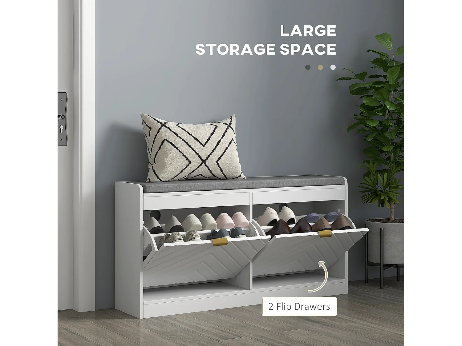 Kera White MDF Shoe Bench 2 Flip Drawers Grey Padded Seat