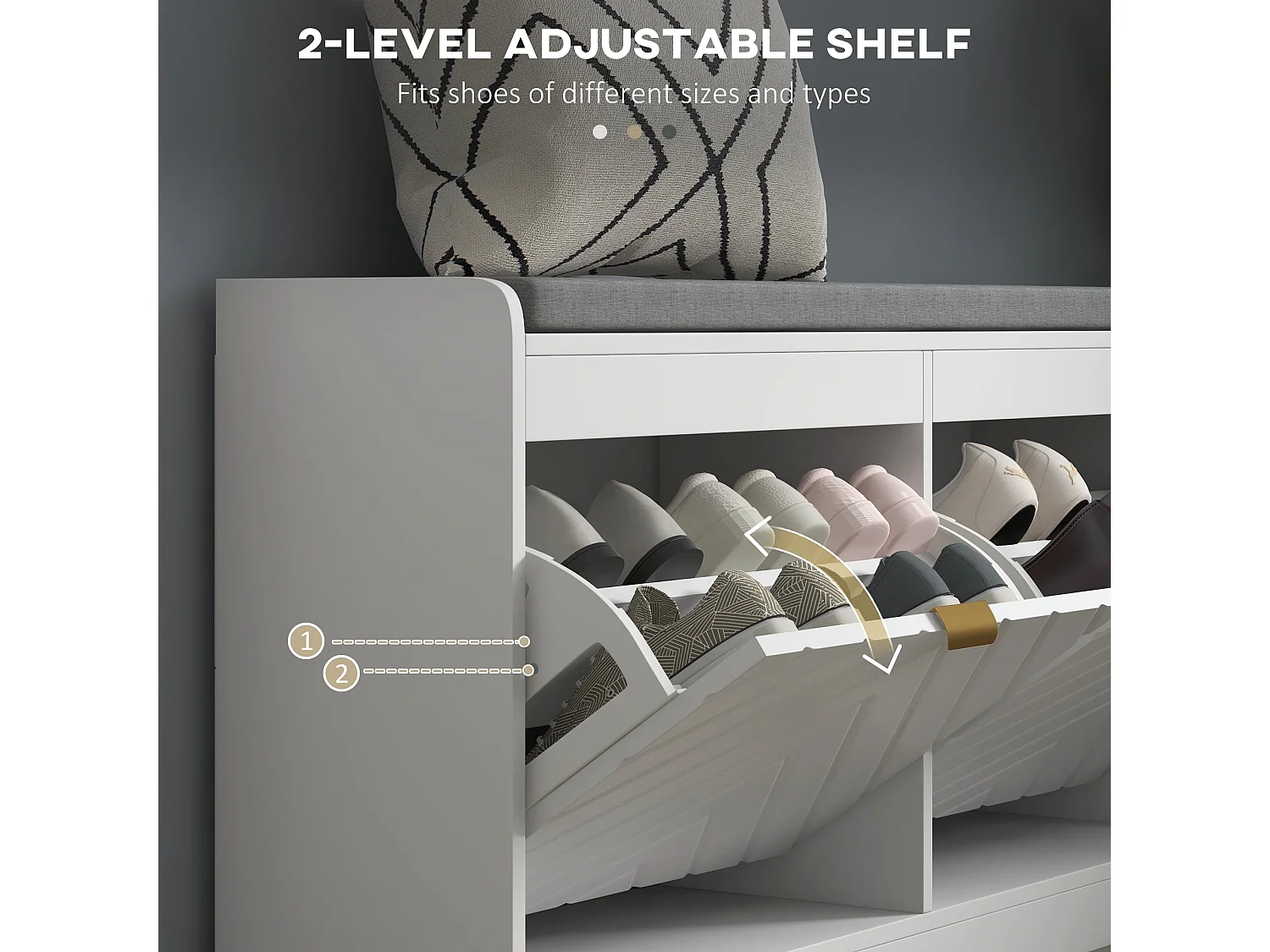 Kera White MDF Shoe Bench 2 Flip Drawers Grey Padded Seat