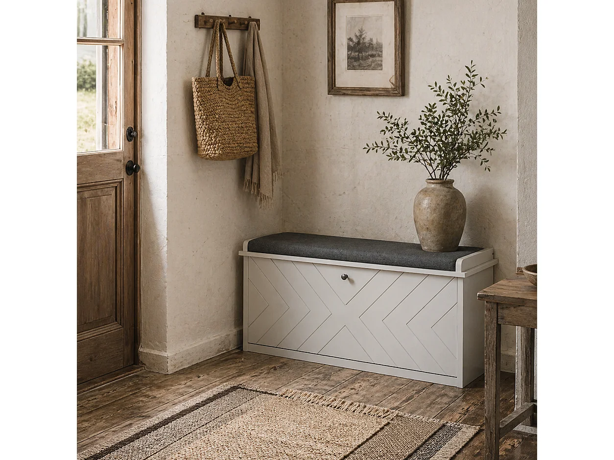 Kera White MDF Shoe Bench 2 Flip Drawers Grey Padded Seat