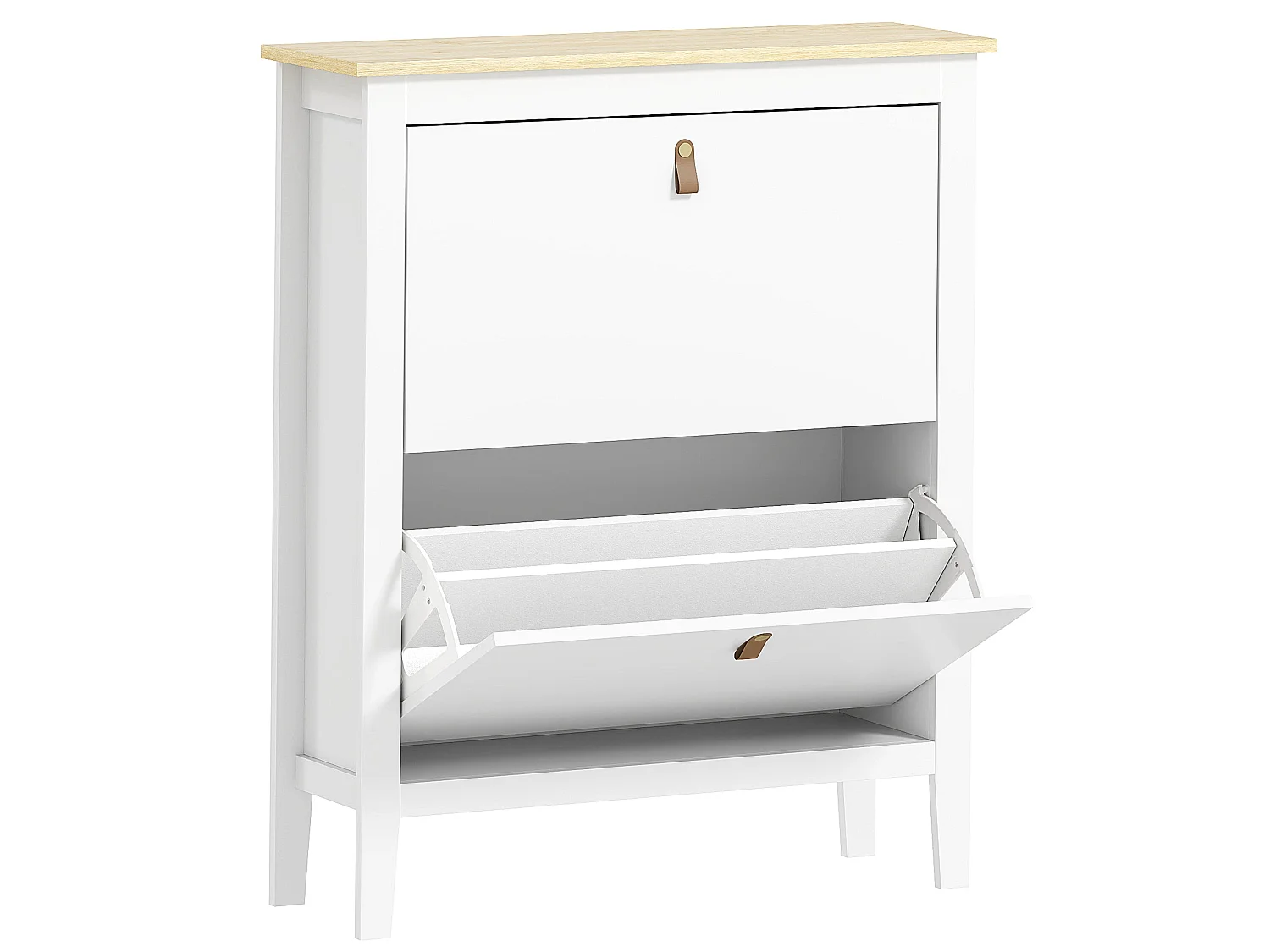 Rimi 2 Drawer Shoe Cabinet White and Oak Effect with Faux Leather Handles