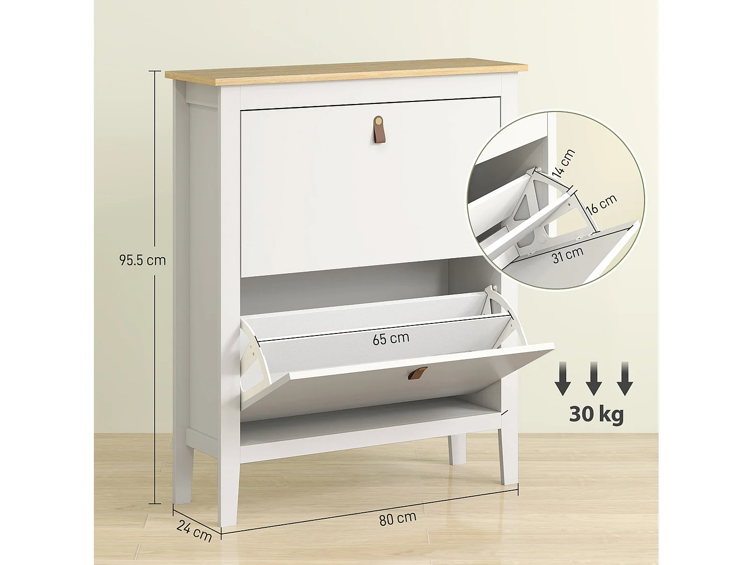 Rimi 2 Drawer Shoe Cabinet White and Oak Effect with Faux Leather Handles