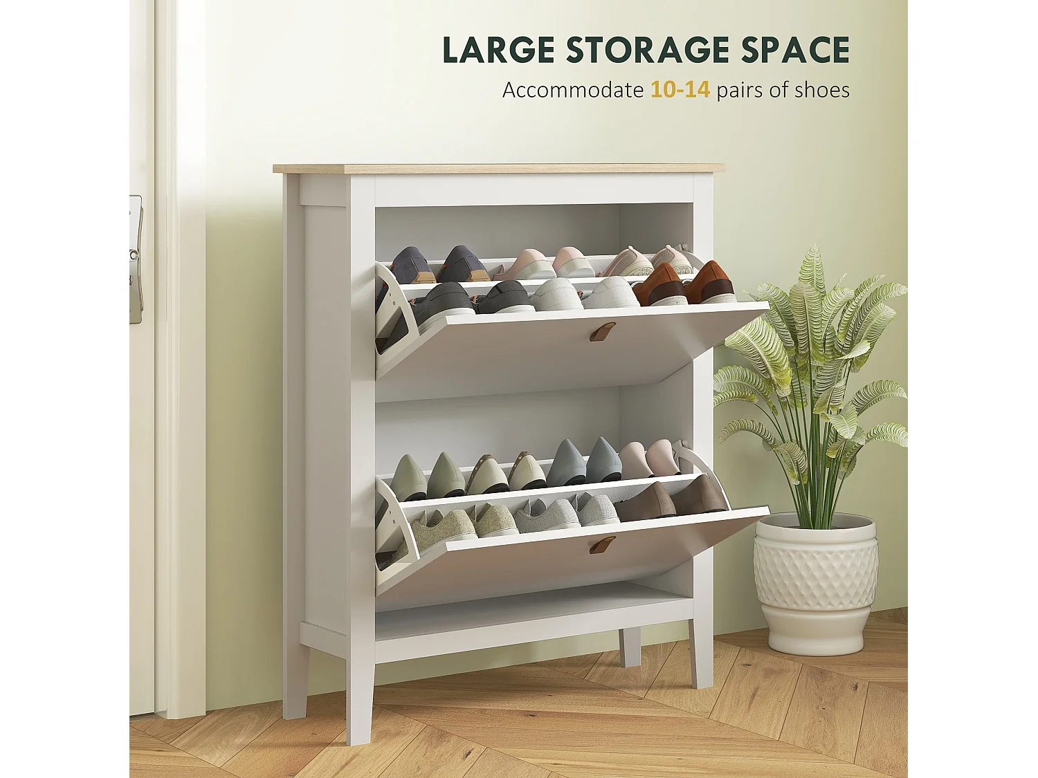 Rimi 2 Drawer Shoe Cabinet White and Oak Effect with Faux Leather Handles