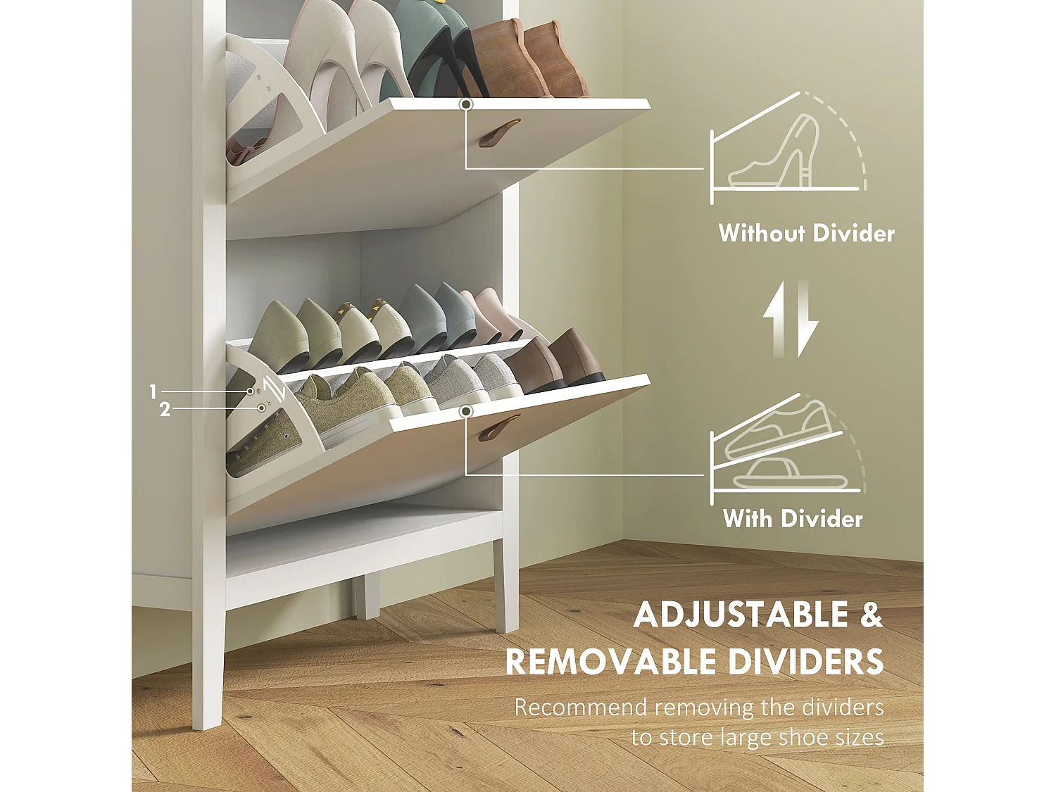 Rimi 2 Drawer Shoe Cabinet White and Oak Effect with Faux Leather Handles