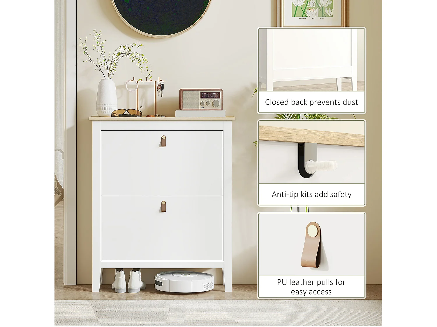 Rimi 2 Drawer Shoe Cabinet White and Oak Effect with Faux Leather Handles