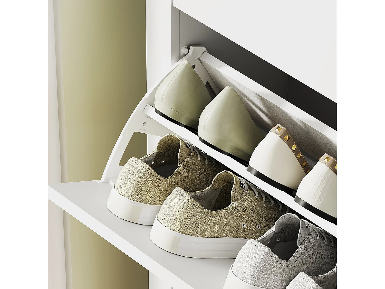 Rimi 2 Drawer Shoe Cabinet White and Oak Effect with Faux Leather Handles