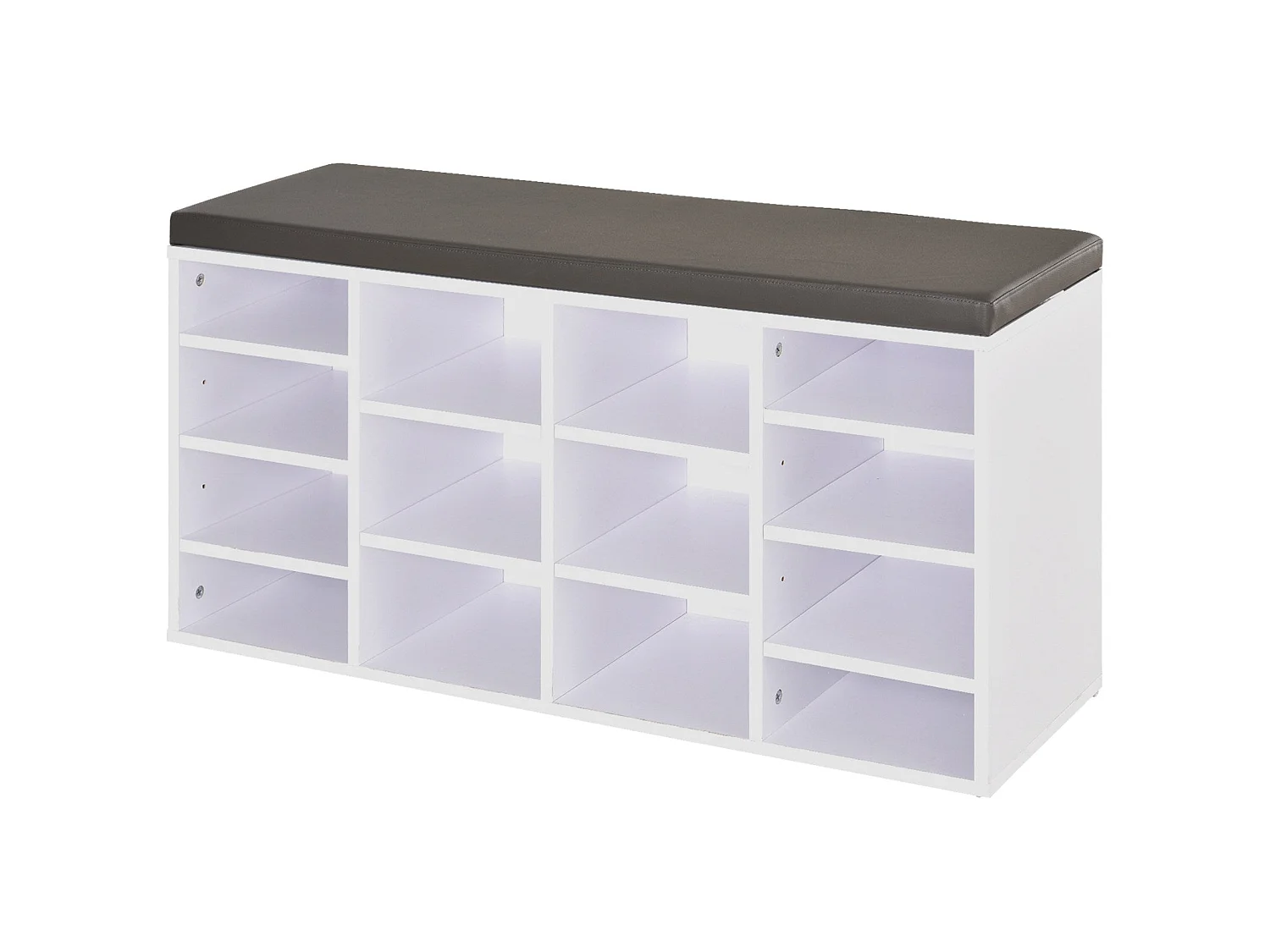 Noro White Shoe Rack Bench with 14 Compartments and Grey Cushion