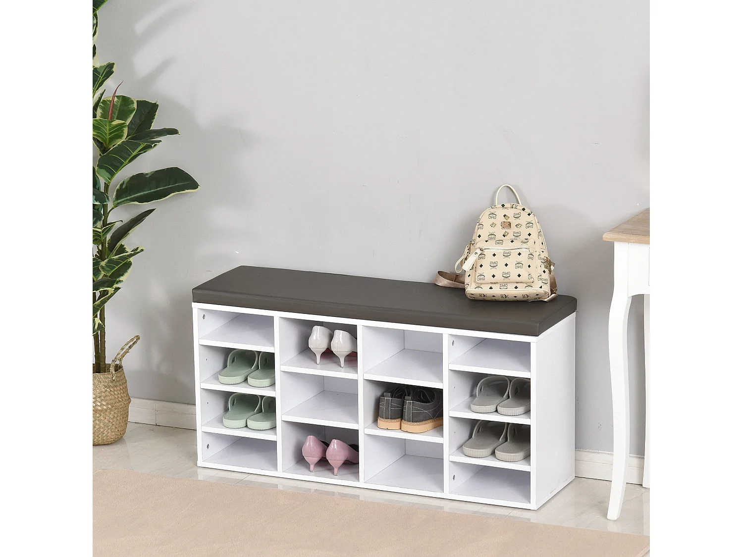 Noro White Shoe Rack Bench with 14 Compartments and Grey Cushion