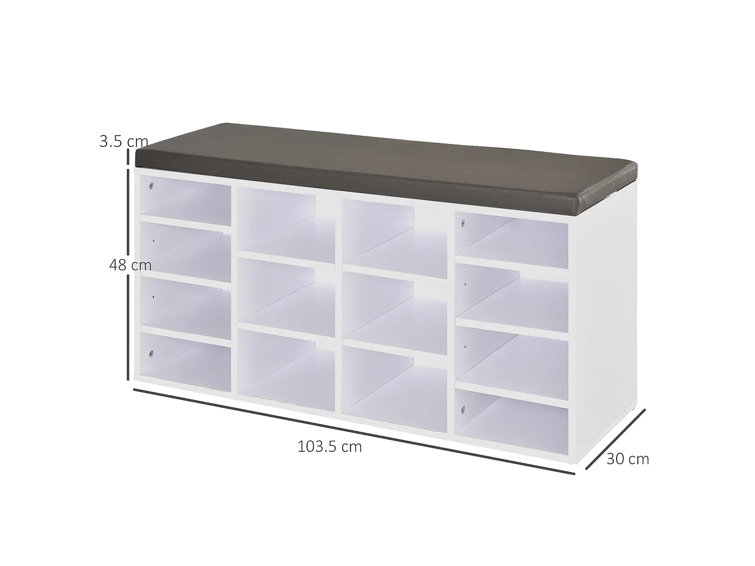 Noro White Shoe Rack Bench with 14 Compartments and Grey Cushion