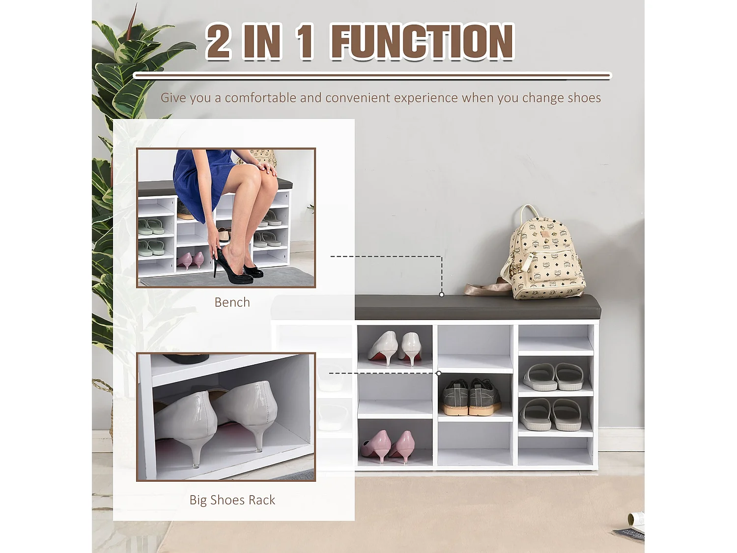Noro White Shoe Rack Bench with 14 Compartments and Grey Cushion