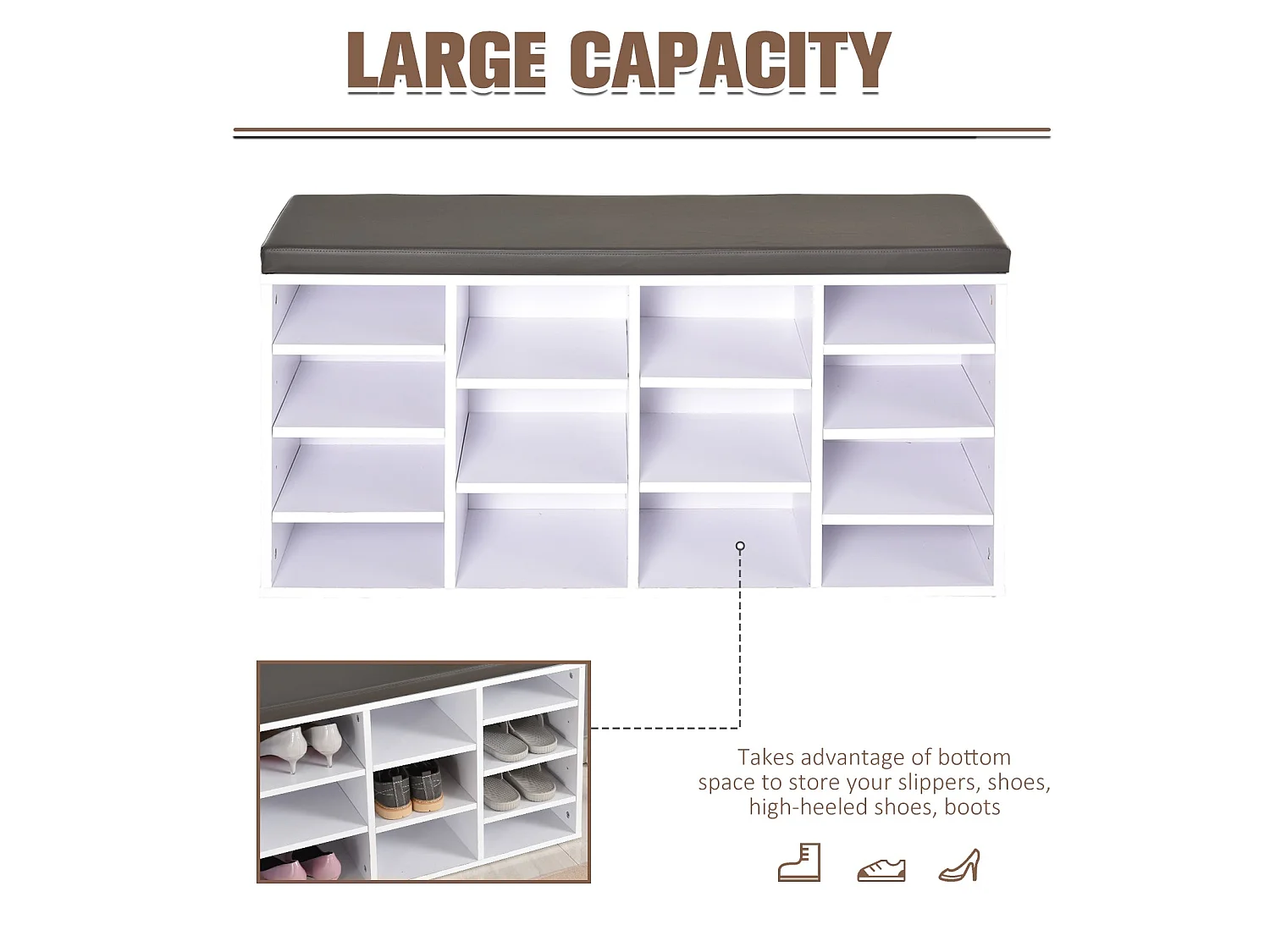 Noro White Shoe Rack Bench with 14 Compartments and Grey Cushion