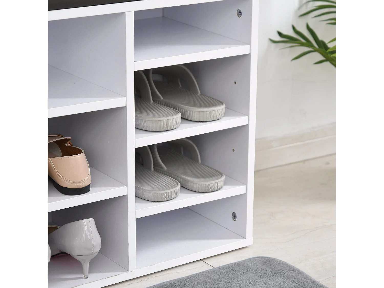 Noro White Shoe Rack Bench with 14 Compartments and Grey Cushion