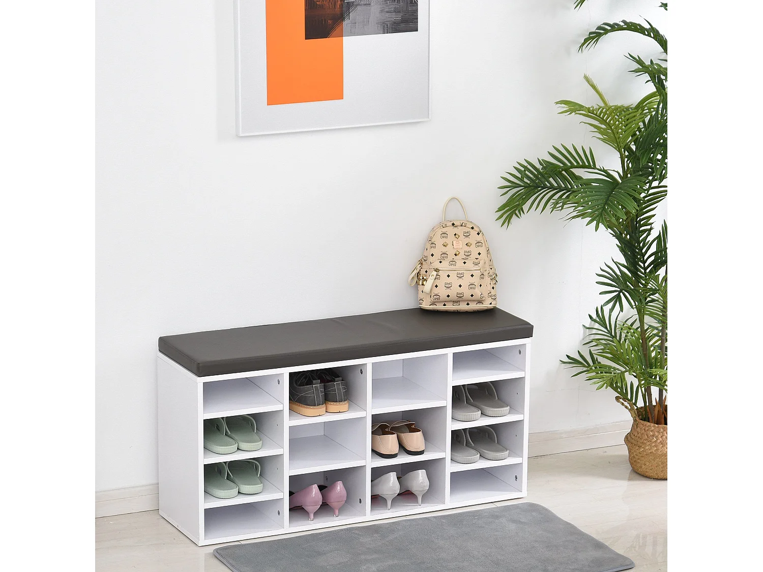 Noro White Shoe Rack Bench with 14 Compartments and Grey Cushion