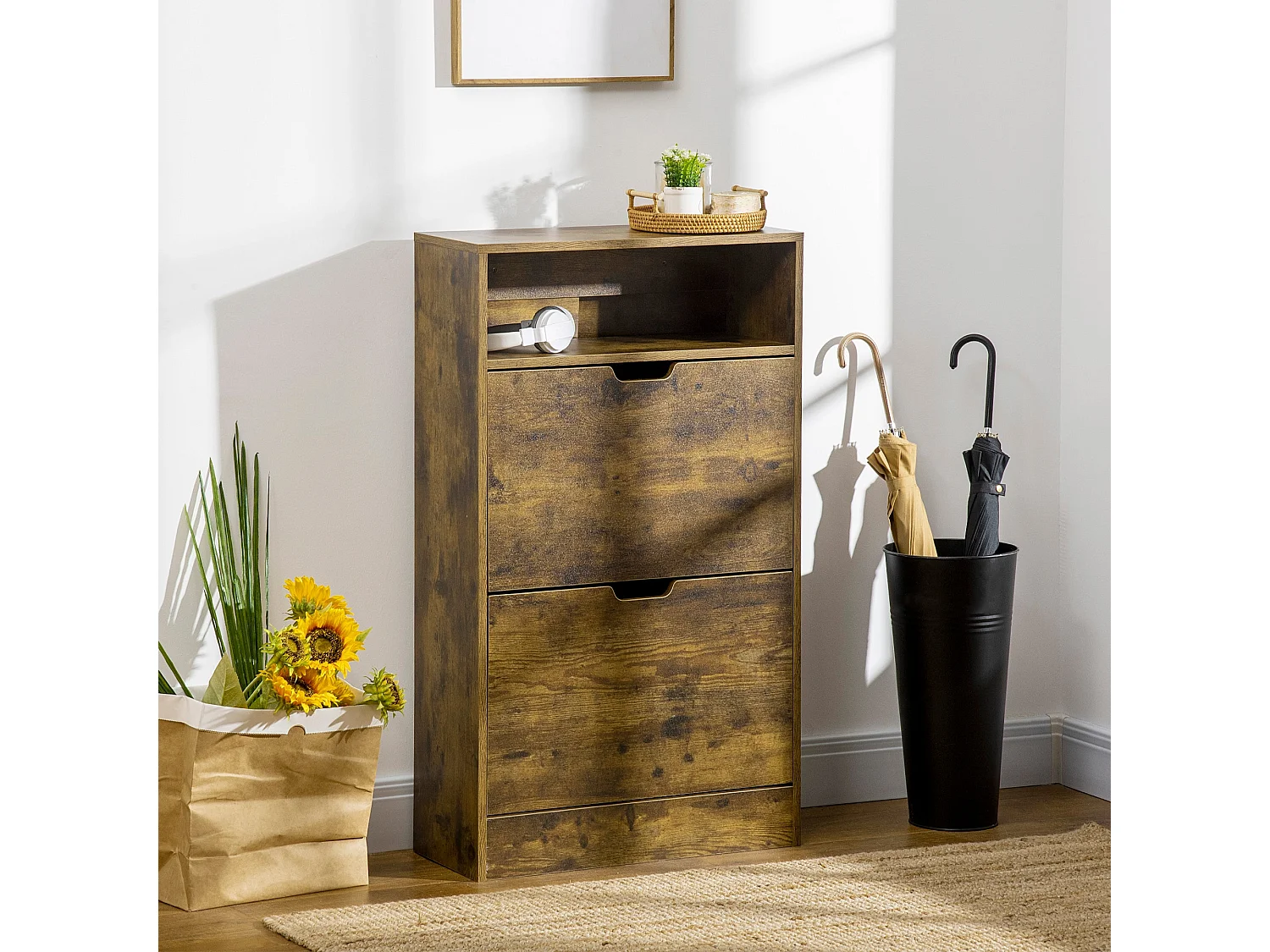 Zilado Rustic Brown Slim 2 Drawer Shoe Cabinet with Adjustable Shelves