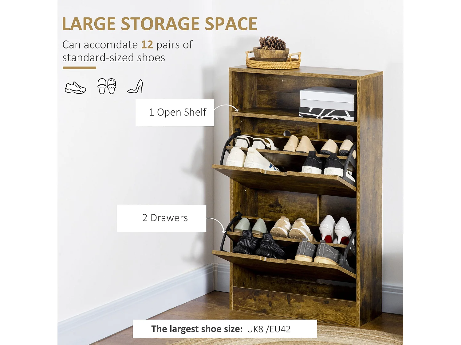 Zilado Rustic Brown Slim 2 Drawer Shoe Cabinet with Adjustable Shelves