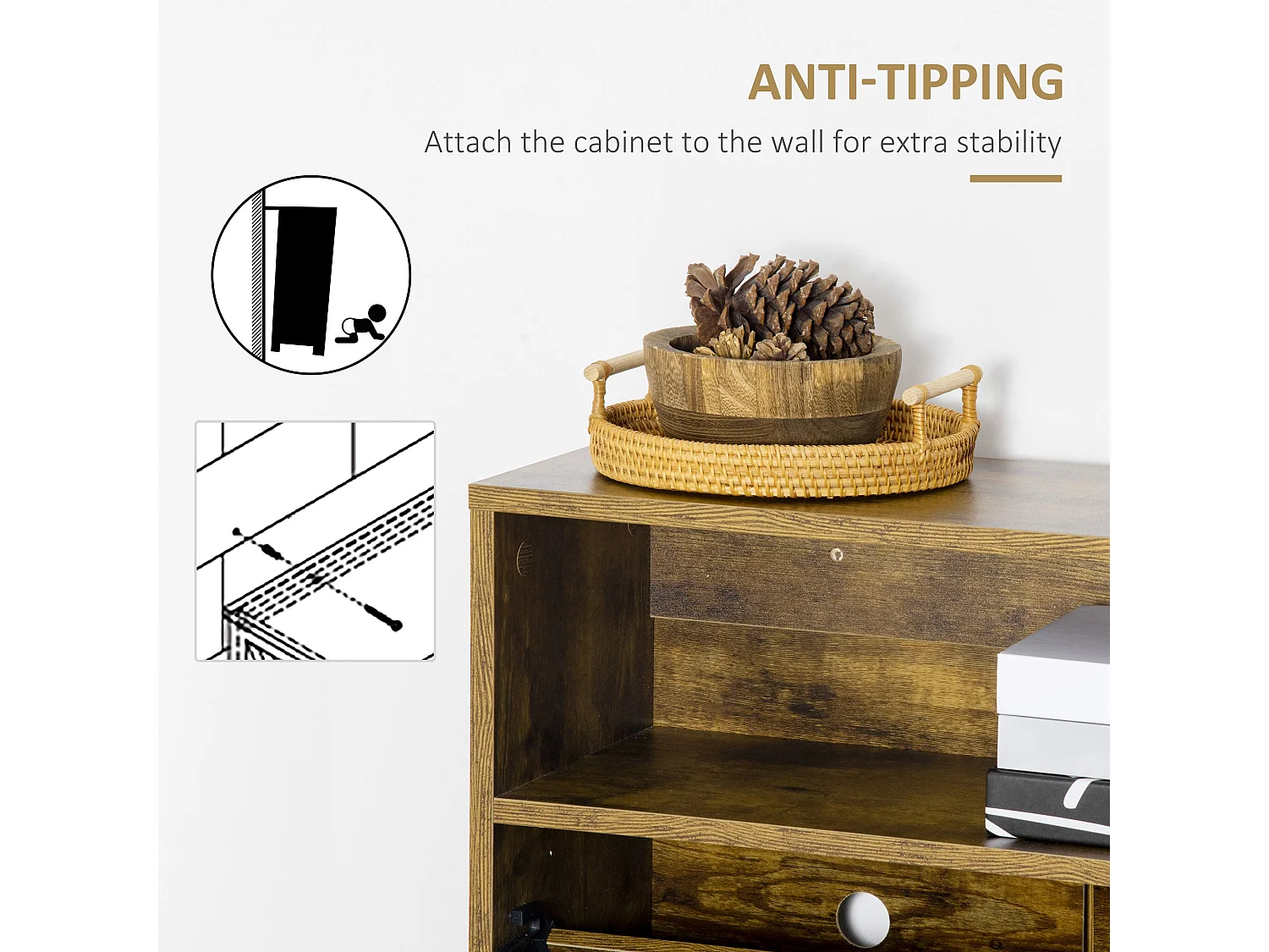 Zilado Rustic Brown Slim 2 Drawer Shoe Cabinet with Adjustable Shelves
