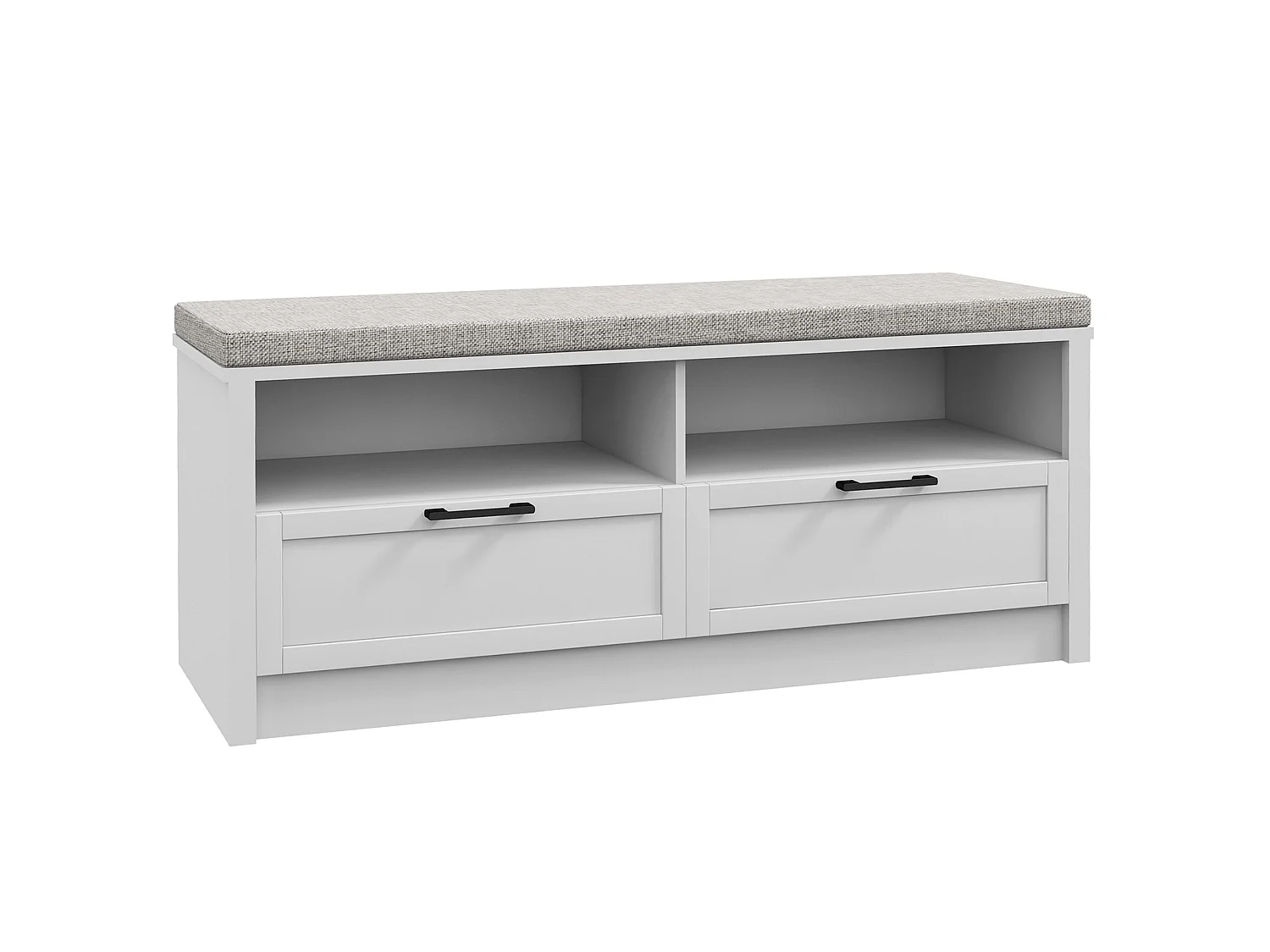 Noma White MDF Shoe Bench with Removable Grey Cushion 2 Open Shelves 2 Drawers