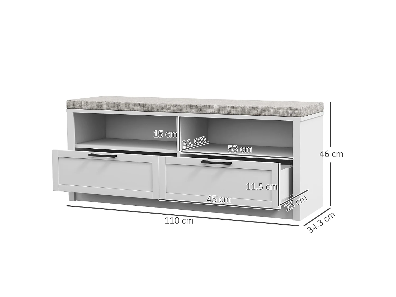 Noma White MDF Shoe Bench with Removable Grey Cushion 2 Open Shelves 2 Drawers