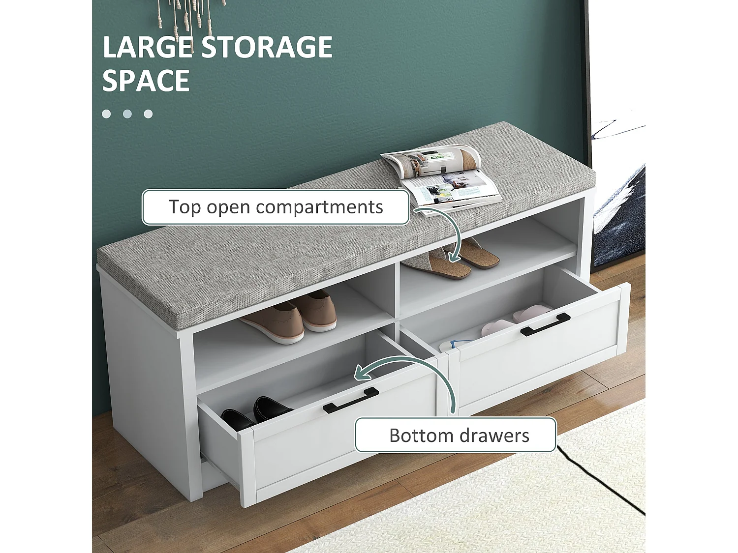 Noma White MDF Shoe Bench with Removable Grey Cushion 2 Open Shelves 2 Drawers