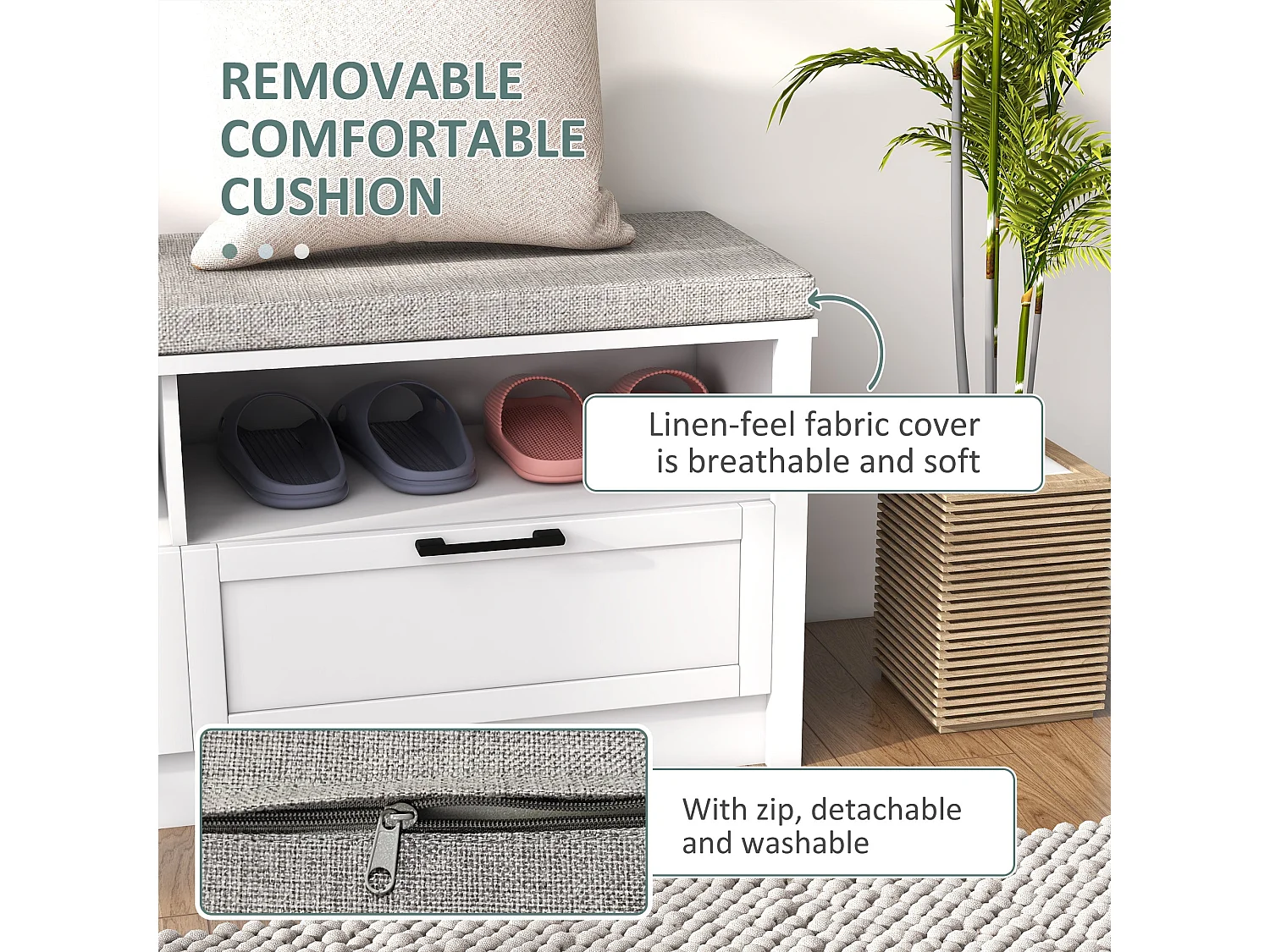 Noma White MDF Shoe Bench with Removable Grey Cushion 2 Open Shelves 2 Drawers