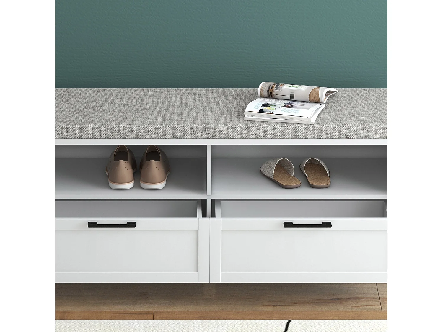 Noma White MDF Shoe Bench with Removable Grey Cushion 2 Open Shelves 2 Drawers