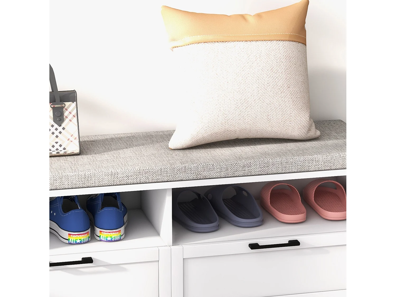 Noma White MDF Shoe Bench with Removable Grey Cushion 2 Open Shelves 2 Drawers
