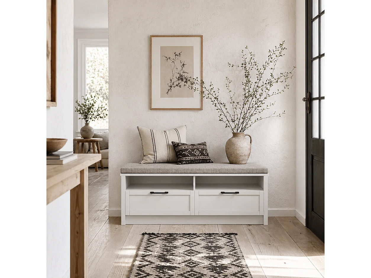 Noma White MDF Shoe Bench with Removable Grey Cushion 2 Open Shelves 2 Drawers
