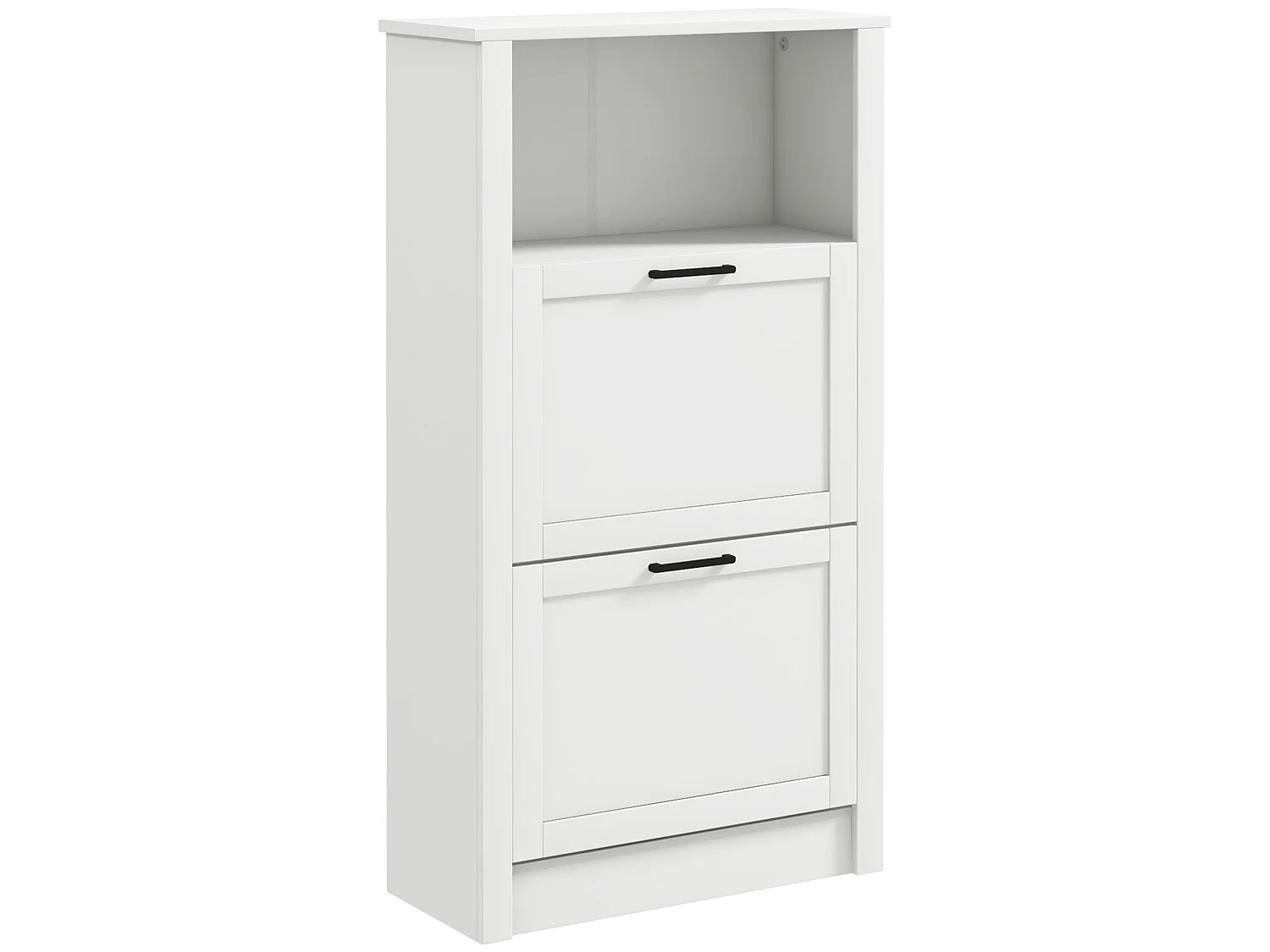 Lisavi White Slim Shoe Cabinet 2 Flip Drawers Adjustable Shelves and Open Shelf 58x24x105cm