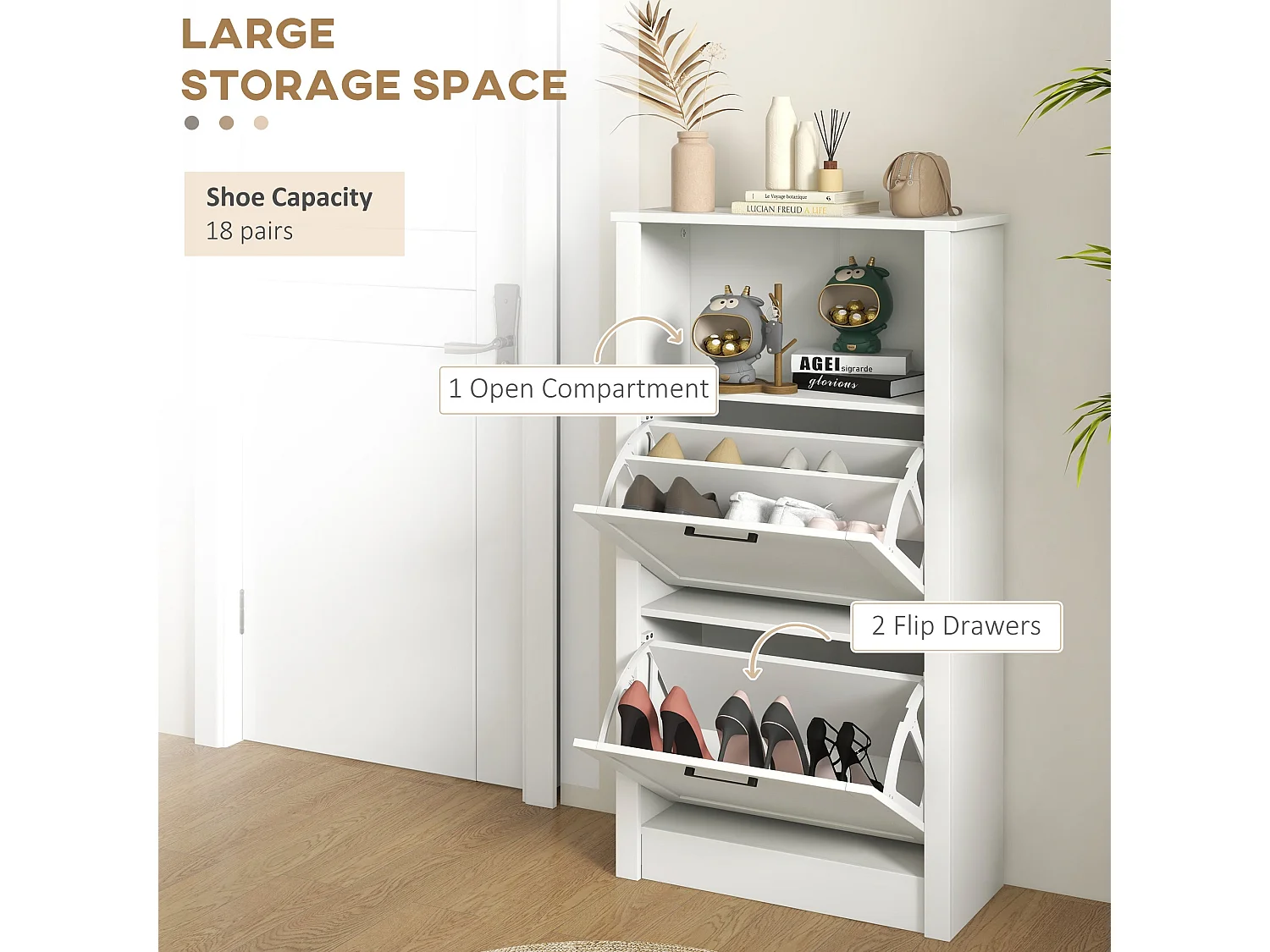 Lisavi White Slim Shoe Cabinet 2 Flip Drawers Adjustable Shelves and Open Shelf 58x24x105cm