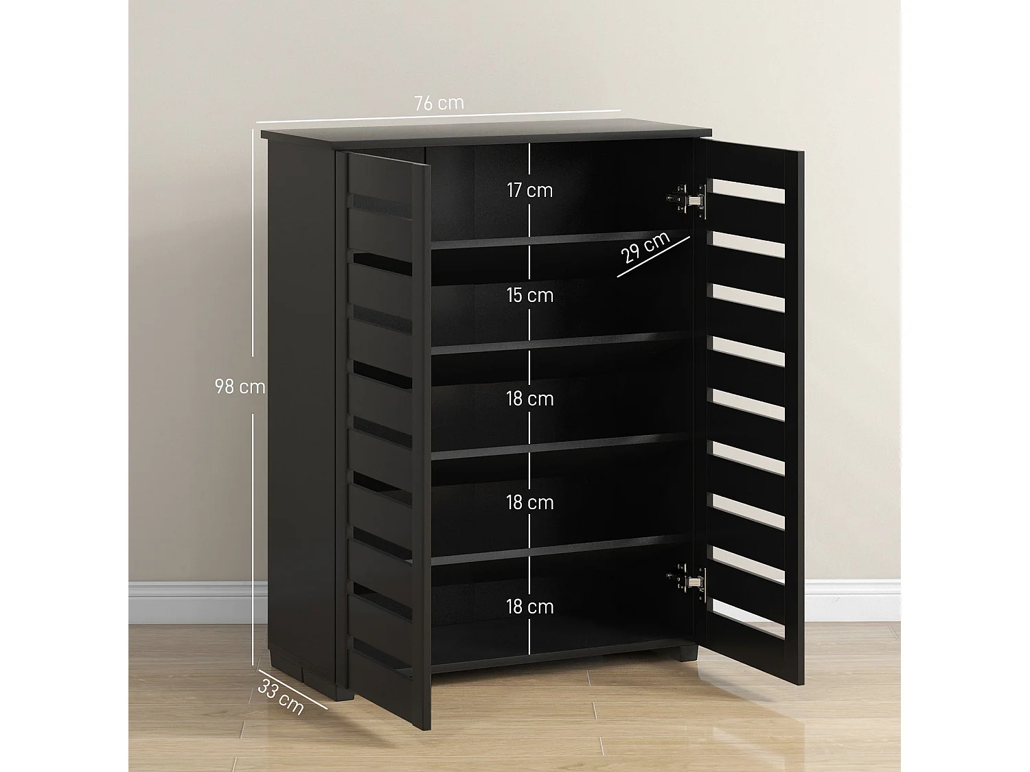 Kamoza Slim Black Shoe Cabinet 5 Tier Storage with Slatted Doors