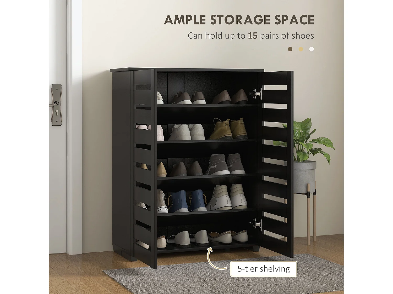 Kamoza Slim Black Shoe Cabinet 5 Tier Storage with Slatted Doors