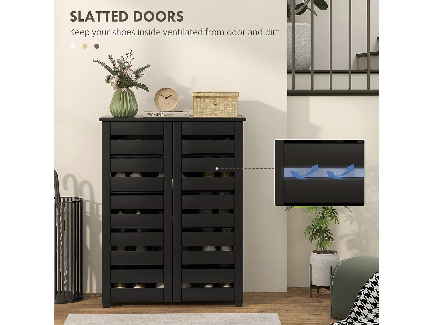 Kamoza Slim Black Shoe Cabinet 5 Tier Storage with Slatted Doors