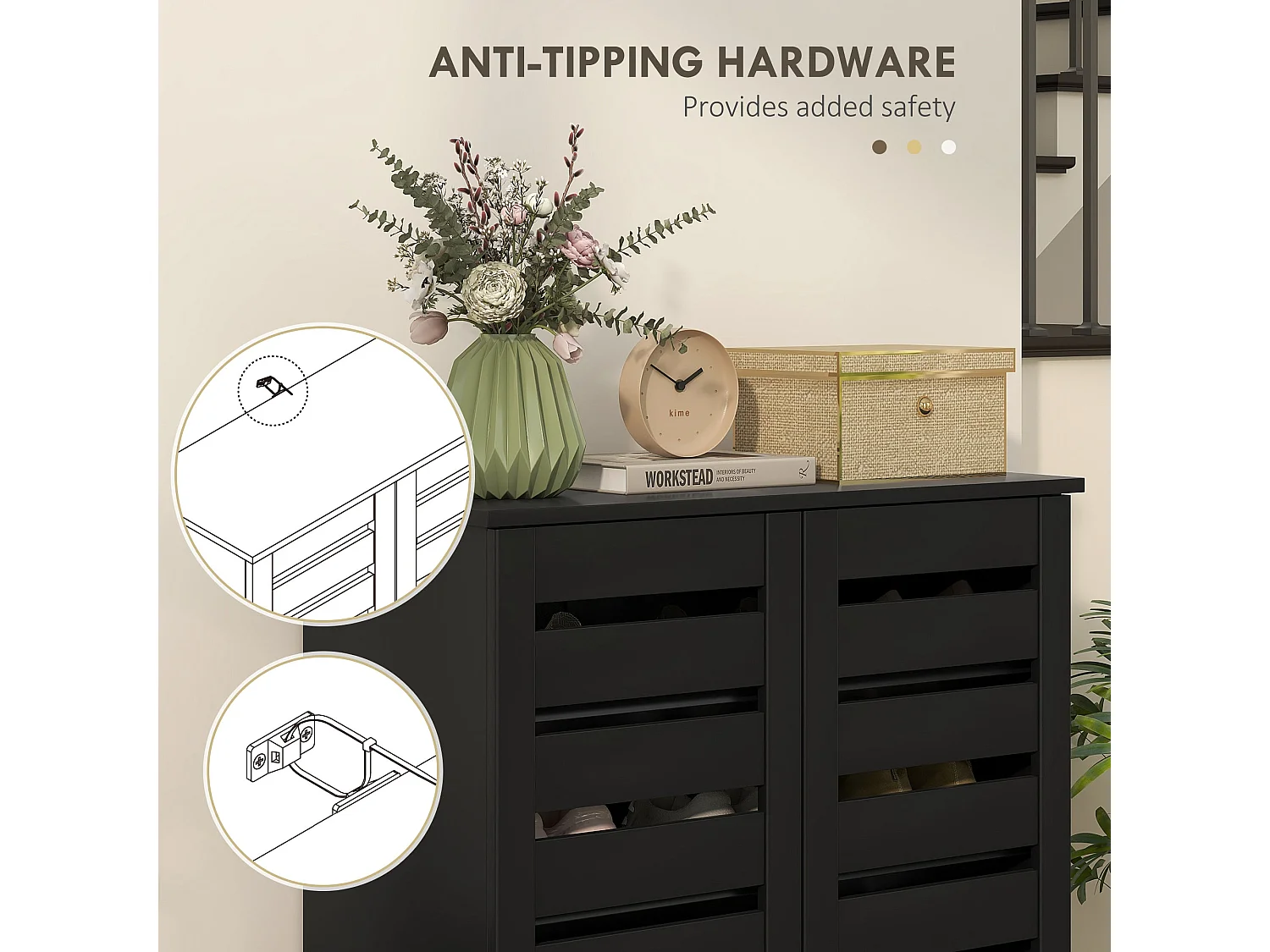 Kamoza Slim Black Shoe Cabinet 5 Tier Storage with Slatted Doors