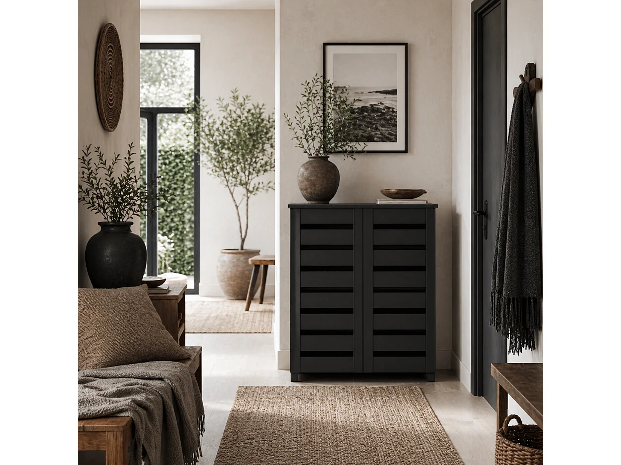 Kamoza Slim Black Shoe Cabinet 5 Tier Storage with Slatted Doors