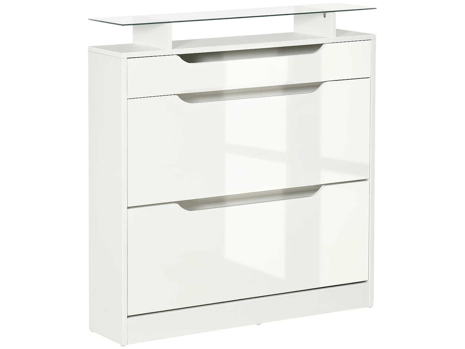 Masola White Shoe Cabinet 2 Flip Doors Sliding Drawer Tempered Glass Top