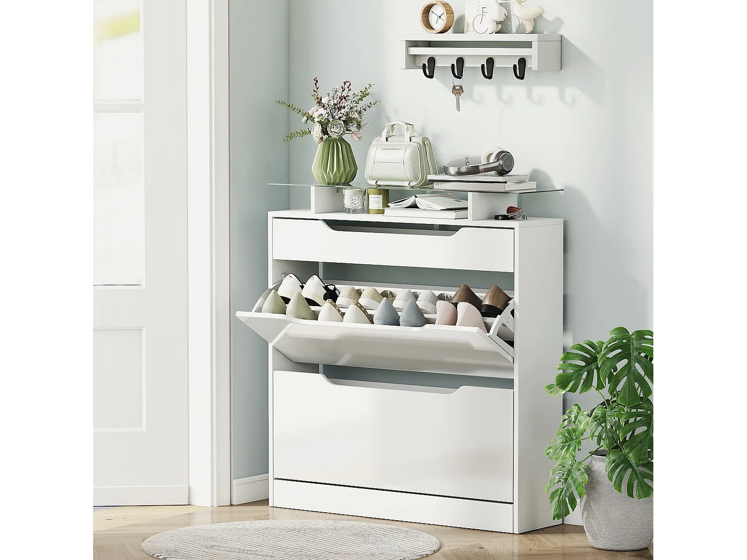 Masola White Shoe Cabinet 2 Flip Doors Sliding Drawer Tempered Glass Top