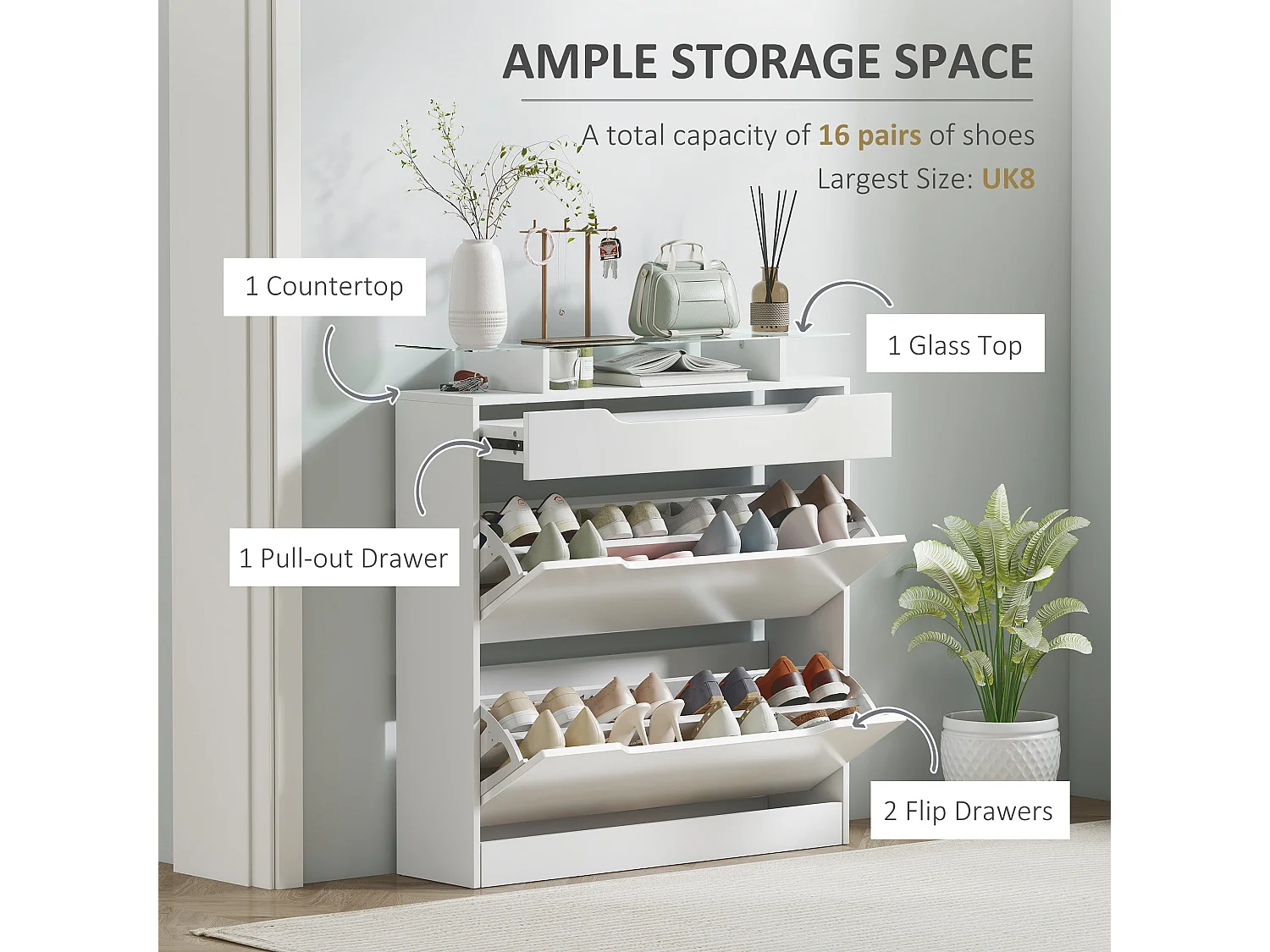 Masola White Shoe Cabinet 2 Flip Doors Sliding Drawer Tempered Glass Top