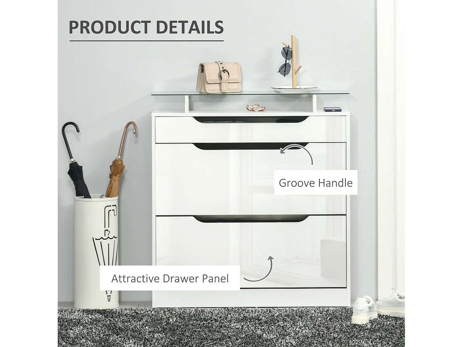 Masola White Shoe Cabinet 2 Flip Doors Sliding Drawer Tempered Glass Top