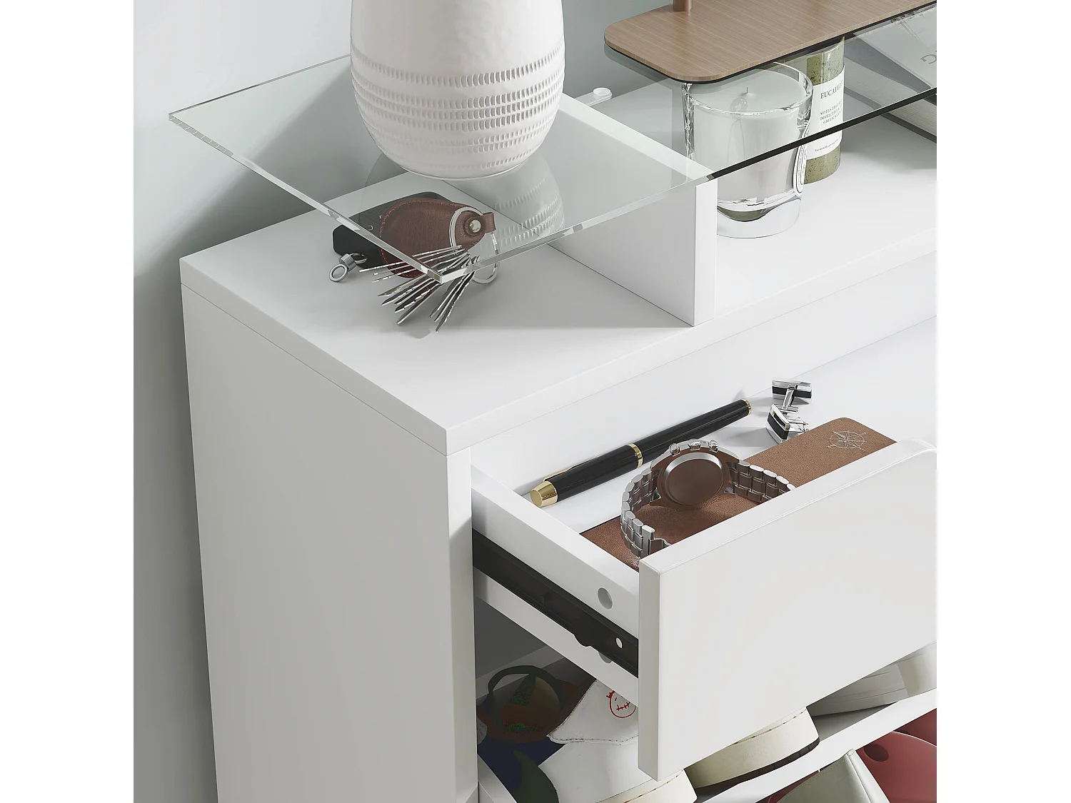 Masola White Shoe Cabinet 2 Flip Doors Sliding Drawer Tempered Glass Top