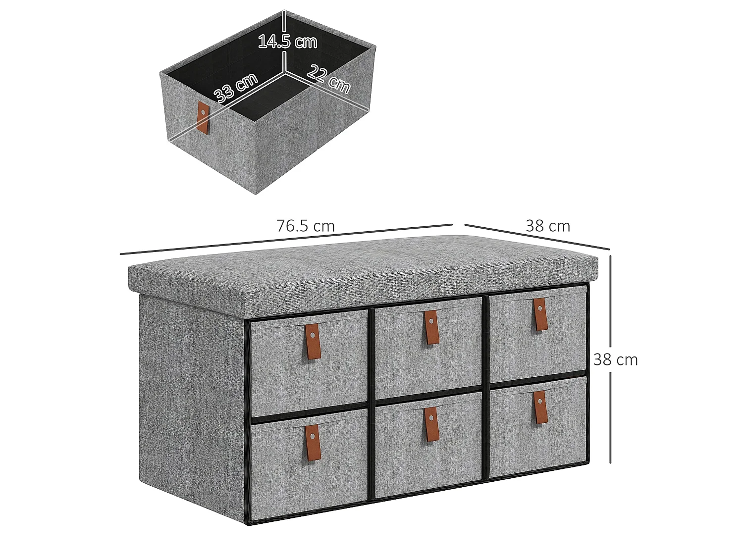 Taelha Light Grey Fabric Shoe Bench with Cushioned Seat and 6 Drawers