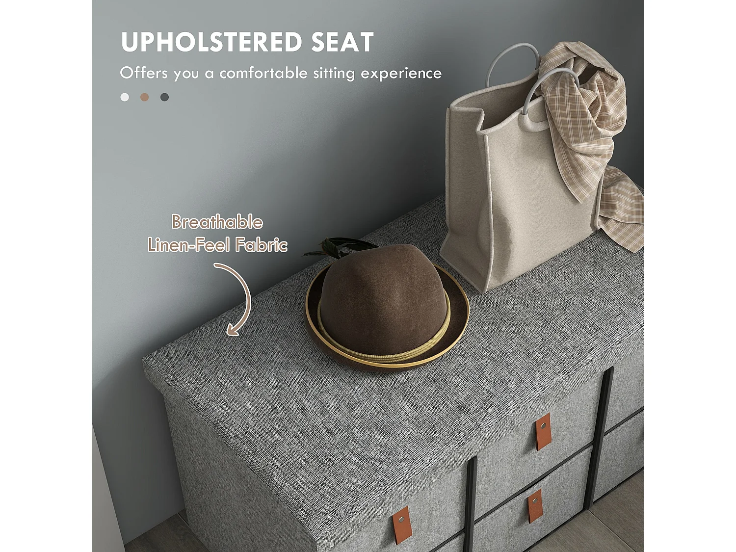 Taelha Light Grey Fabric Shoe Bench with Cushioned Seat and 6 Drawers