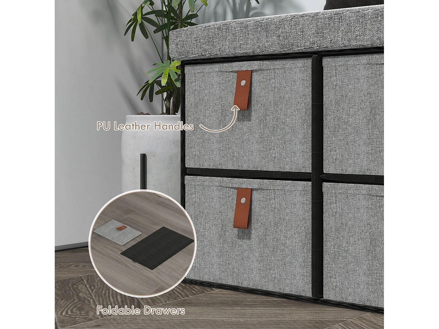 Taelha Light Grey Fabric Shoe Bench with Cushioned Seat and 6 Drawers