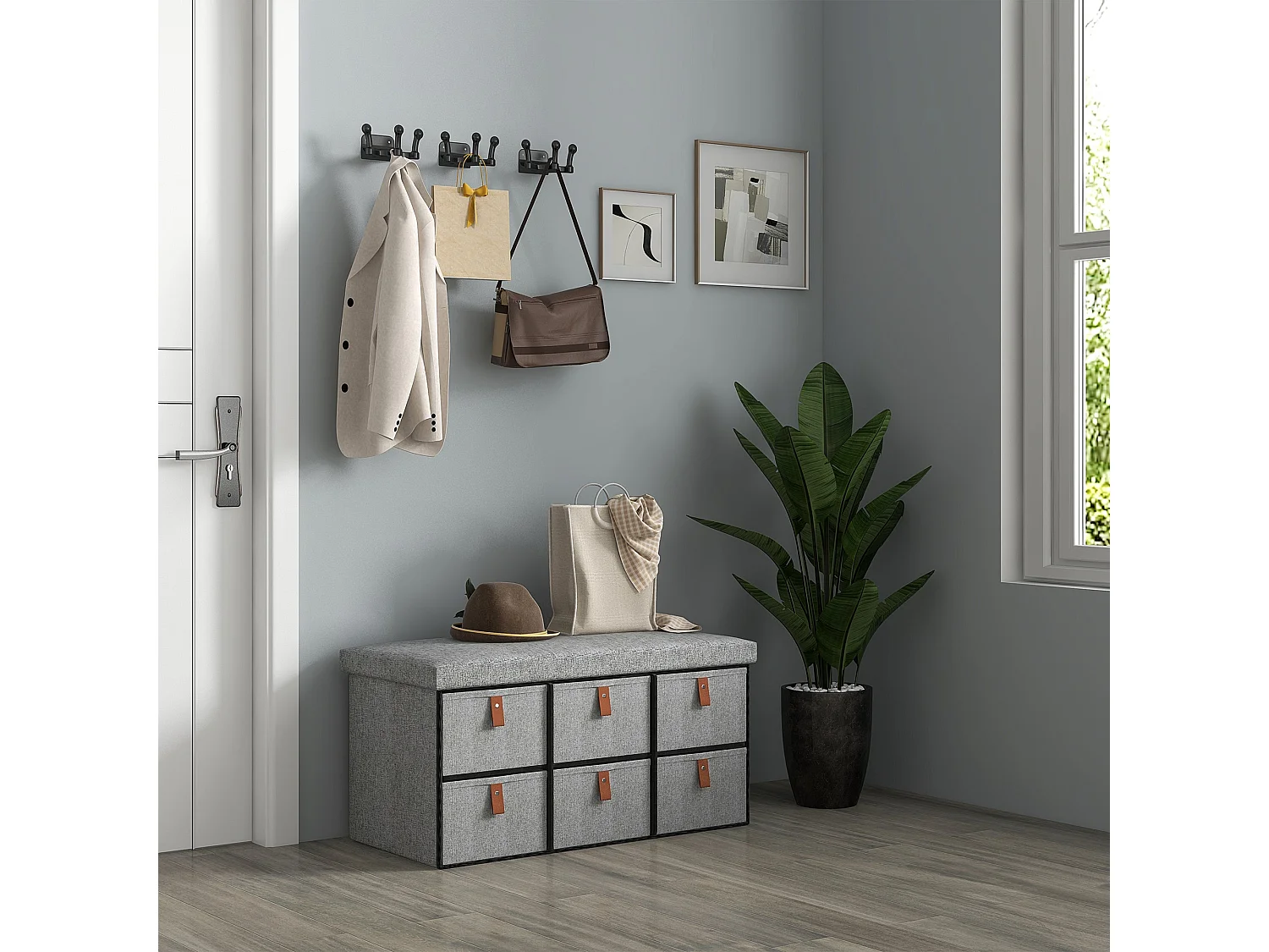 Taelha Light Grey Fabric Shoe Bench with Cushioned Seat and 6 Drawers