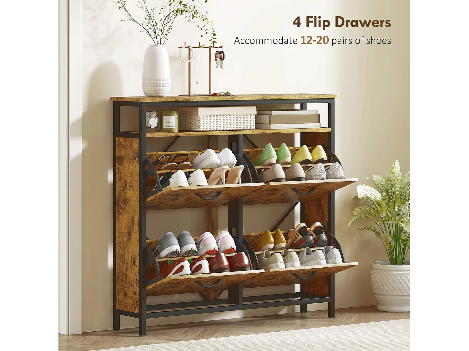 Vebael Rustic Brown Shoe Cabinet with 4 Flip Drawers and Top Shelf