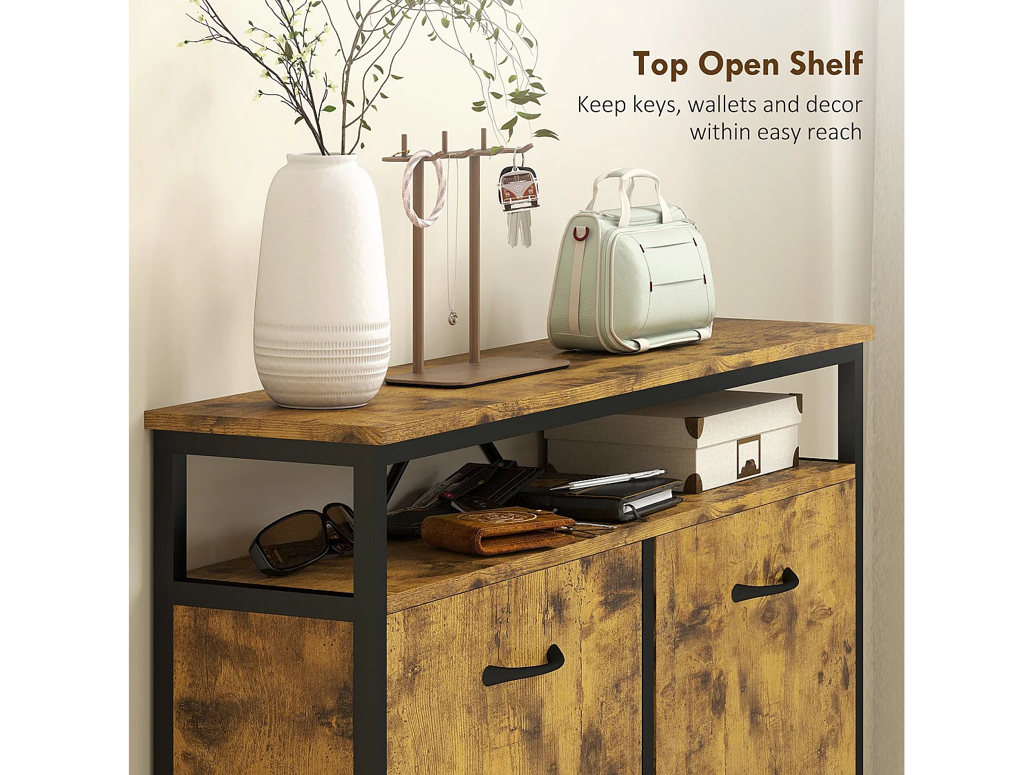 Vebael Rustic Brown Shoe Cabinet with 4 Flip Drawers and Top Shelf