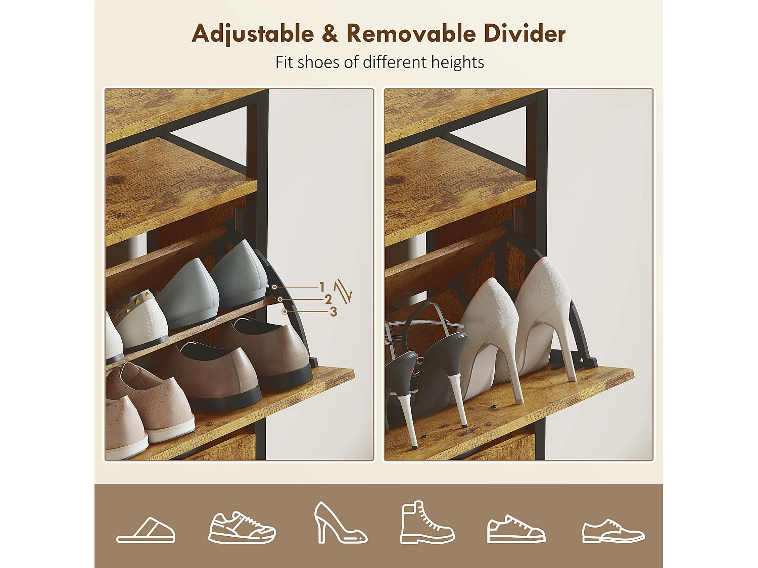 Vebael Rustic Brown Shoe Cabinet with 4 Flip Drawers and Top Shelf
